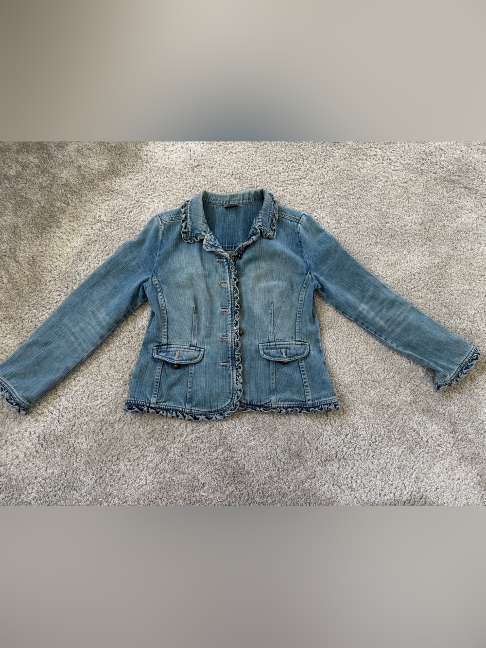 J. Jill Light Blue Romantic Denim Jacket with Ruffle Trim, 100% cotton,